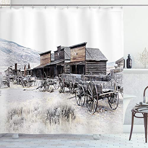 ABAKUHAUS Western Duschvorhang, Alte hölzerne 20s Stadt, Stoffliches Gewebe Badezimmerdekorationsset mit Haken, 175 x 240 cm, Braun weiß