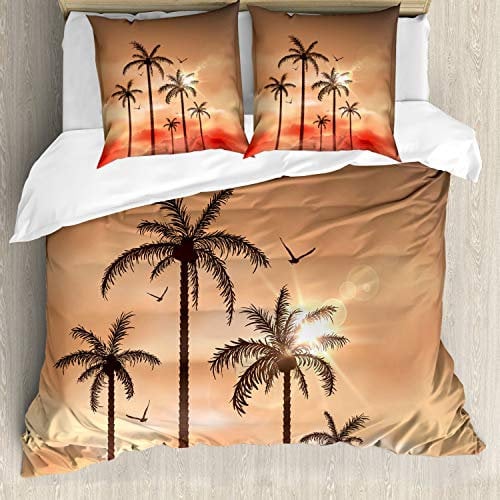 ABAKUHAUS Tropisch Bettbezugs Set Für Doppelbetten, Palms Dramatischer Himmel, Milbensicher Allergiker geeignet mit Kissenbezügen, Coral Salmon Brown