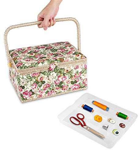 Großer Nähkorb, Nähkästchen, Retro-Stil, ländlicher Stoff, Nähkästchen, Blumenmuster, Aufbewahrungsbox, tragbare große Nähboxen mit Fächern für die Aufbewahrung von Nadeln, Nähgarn