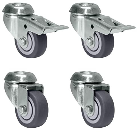 PRIOstahl Möbelrollen Klein mit Rückenloch 50mm Set mit Bremse - Lenkrollen bis 160kg Schwerlastrollen - Spurlos Abrollende Laufrollen Rollen für Möbel Arbeitstisch Werkstatt Räder Transportroller