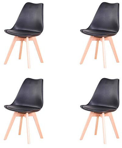 GrandCA HOME 4er Set Essstühle Küchenstühle Designstühle, PU Lederkissen, Feste Holzbeine, schwarz