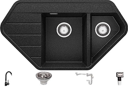 Evier d'angle en Granit Graphite 90x50cm, Lavabo Cuisine 1,5 bacs + Kit de Vidage + Robinet, Évier à Encastrer au meuble 80cm - Copenhague Corner de Primagran