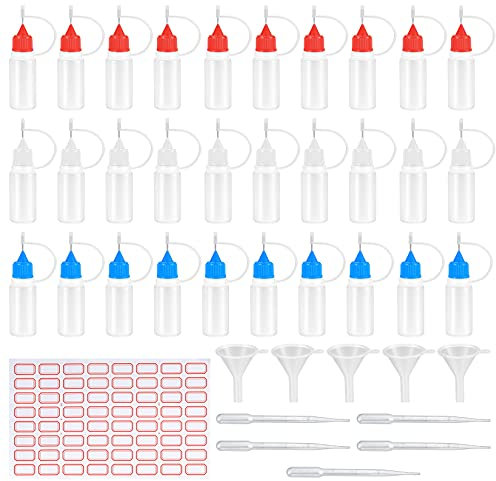 YiPHomn 30 Pcs Precision Tip Applicator Bottles, 10Ml/0.34 Oz Plastic Empty Needle Tip Glue Bottles,with 5 Pcs Mini Funnels and 5 Pcs Pipettes for Liquid Glue Oil Ink Paint