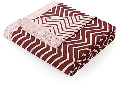 AmeliaHome Kuscheldecke 150x200 cm Decke mit Fransen Tagesdecke aus Baumwolle Boho Ethno Muster Bordeaux Rosa Zaria Twisty