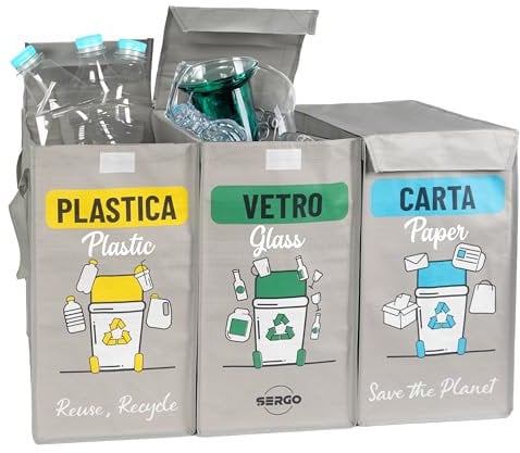 SERGO Borse Raccolta Differenziata con Coperchio - Contenitori Differenziata Interno e Esterno per Plastica, Carta e Vetro - Pattumiera differenziata 3 scomparti color Grigio chiaro