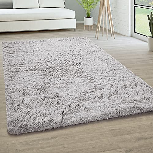 Paco Home Hochflor Teppich Wohnzimmer rutschfest Fellteppich Shaggy Flauschig Weich Modern Kunstfell Fell Imitat Einfarbig, Grösse:200x290 cm, Farbe:Silber