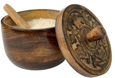 Mie Creations Rustic Salt Box Cellar with Hand Carved Lid & Spoon, Wooden Salt Pinch Bowls | Wood Salt Pepper Keeper, Spice Bowls for Cooking, Sugar Holder for Kitchen, Mothers Day Gifts for Mom