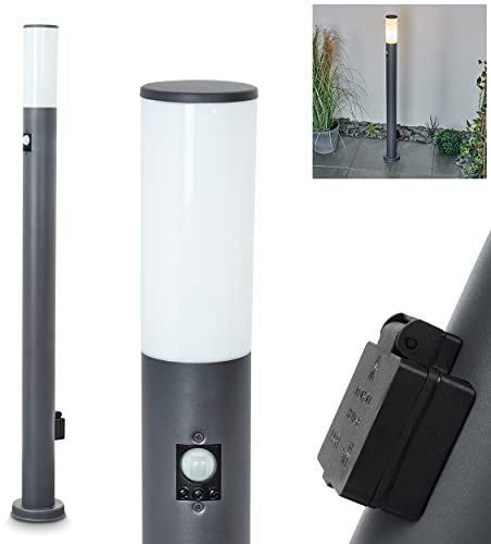 Außenwegeleuchte Caserta mit Bewegungsmelder, Steckdose, moderne Sockelleuchte aus Metall/Kunststoff in Anthrazit/Weiß, Wegeleuchte 110 cm, Gartenlampe, E27, Gartenbeleuchtung IP44, ohne Leuchtmittel