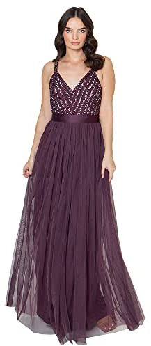 Maya Deluxe Women's Ladies Maxi Dress Long Length Wedding Guest Bridesmaid Prom Summer Evening Gown V Neck Straps Bow Tie, Berry, 16