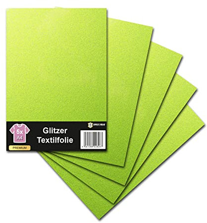 Siser Glitzer Textilfolie für Plotter 48 Farben Din A4 Bogen 30x20cm Plotterfolie auf Stoffe Kleidung T-Shirt Glitter Folie Flexfolie DIY Zubehör (5er Set, G0022 Neon yellow)