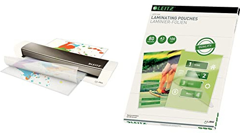 Leitz A3 Laminiergerät, Home Office, Inkl. Laminierfolien Starterkit, Dunkelgrau iLam, 74400089 & Heißlaminierfolien, A3, 100er Pack, Glänzend, Transparent, Folienstärke 80 mic, 33819