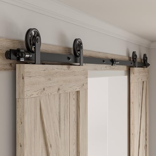 Schiebetürbeschlag Doppeltür 325cm Schiebetüren Schiebetürsystem Komplettset Laufschiene Rollen Set Schwarz für 2 Holztür 81cm Breit, Mittlere Rolle in T-Form