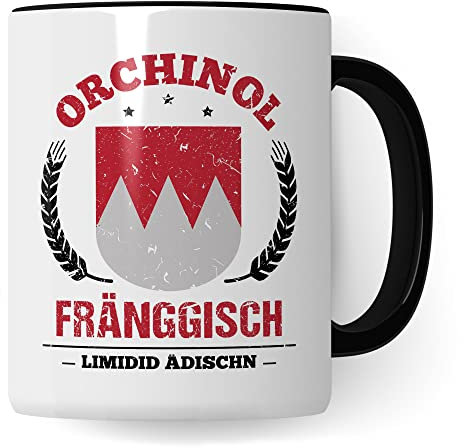 Franken Tasse Geschenkidee Kaffeetasse Humor Witz Geschenk für Ober Unter Mittel Franke Kaffeebecher Bayern Becher (Weiß & Schwarz)