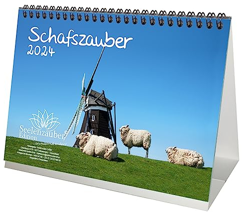 Schafszauber DIN A5 Tischkalender für 2024 Schafe und Lämmchen - Geschenkset Inhalt: 1x Kalender, 1x Weihnachts- und 1x Grußkarte (insgesamt 3 Teile)