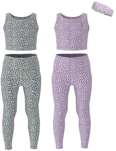 Essenclo Girls Athletic Leggings Yoga Pants w/Sleeveless Crop Tank Tops for Kids Workout Cheer Dance Run Sizes 3-16, 5pc Set