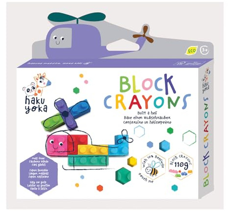 Haku Yoka 6303086 Block Wachsmalkreiden-Set, Helikopter, Wachsmalsteine in kräftigen Farben, Wachmalstifte in Klemmbaustein-Form, ohne Abfärben, für Kinder ab 3 Jahren