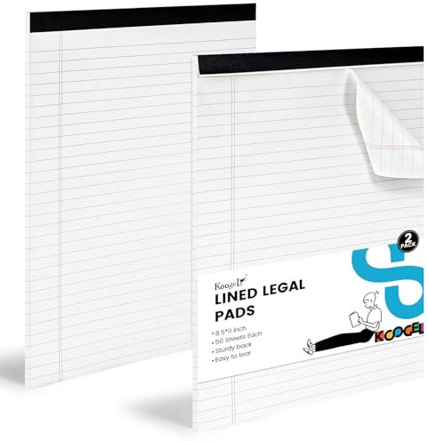 Koogel 2 x Rechtsblöcke, 21,6 x 27,9 cm, 50 Blatt, breit, liniert, perforiert, Schreibblöcke, weiße Papierblöcke für Studenten, Studium, Arbeit, Büro