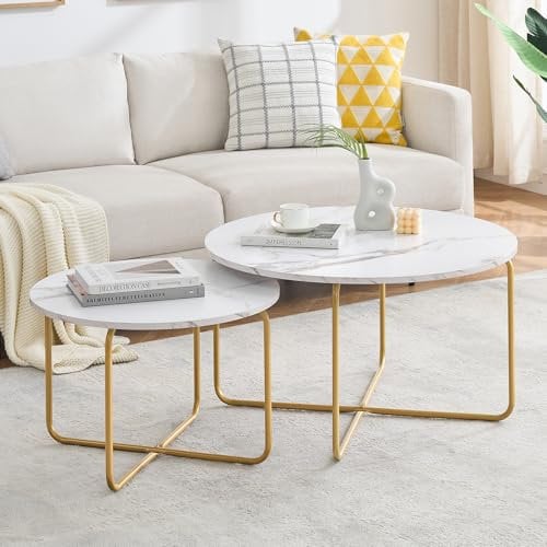 ZZINOKE Couchtisch Rund 2er Set,Marmor Couchtisch mit Gold Metallgestell,Wohnzimmertisch Modern,Beistelltisch Rund Weiß