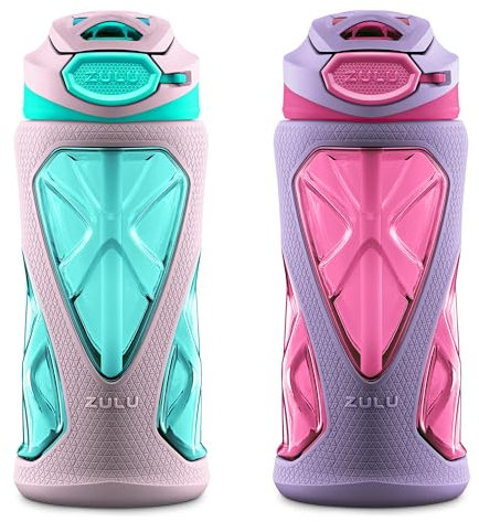 ZULU Torque 2 Pack 16oz Plastic Kids Water Bottle with Silicone Sleeve and Leak-Proof Locking Flip Lid, Soft Touch Carry Loop for School Backpack, Lunchbox, BPA-Free Dishwasher Safe, Pink