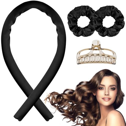 Locken Ohne Hitze, Satin Heatless Curling Set, Heatless Lockenwickler über Nacht, Hair Curler, Lockenband, DIY Frisurenset für Langes Mittleres Haar-Schwarz