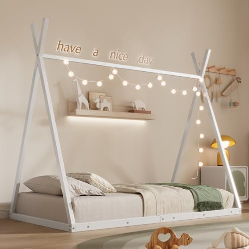 MYBOO Kinderbett Bodenbett 90x200 cm, Tipi Design Bett Eisenbett mit Lattenrost, Bett für Mädchen und Jungen, Eisenrahmenbett Jugendbett Einzelbett Hausbett Metallbett Bettgestell Spielbett, Weiß