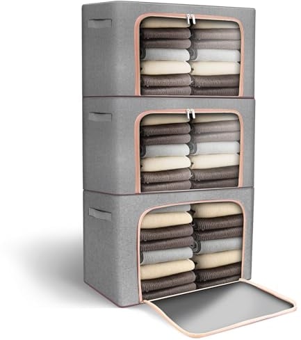 Clothes Storage Bags, 3Pcs 24L Wardrobe Storage Organiser Large Storage Box with Lid and Clear Window- Moving Boxes with Reinforced Handle, Stackable Storage Boxes for Clothes, Duvet, Bedding
