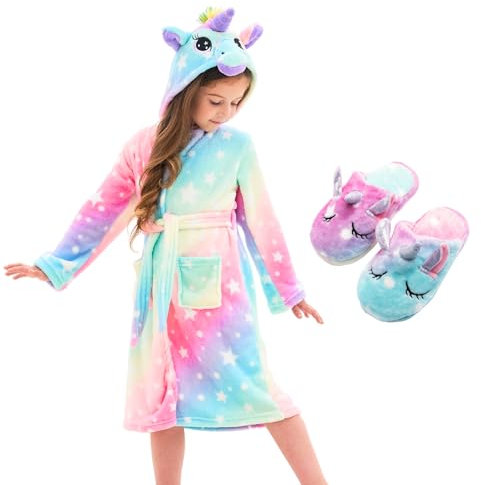Piefry Accappatoio con unicorno per ragazze, morbido, con cappuccio, con pantofole a forma di unicorno, regalo per ragazze, Rosa., 10-11 Years