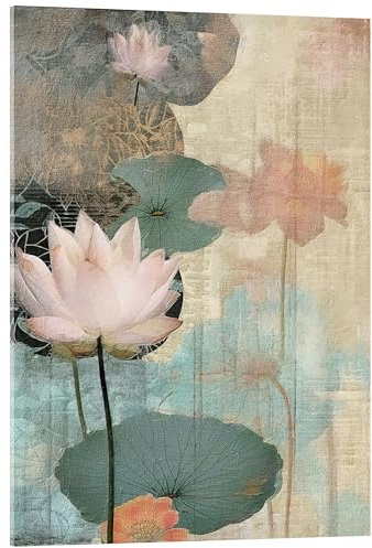 Posterlounge Zen Lotus Flowers I Tableau en verre acrylique de Willow Studio 13 x 18 cm Beige Tableaux Décoration murale