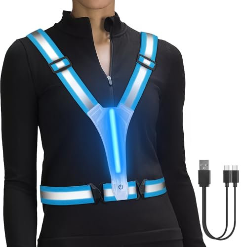 HENMI LED Wiederaufladbare USB Lauflicht,Reflektoren Laufweste,Verstellbarer Elastische LED Leuchtweste für Radfahren oder Wandern Joggen Laufen Running-Blau