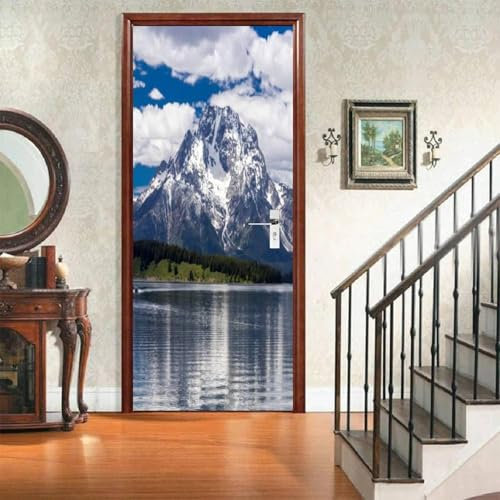 Sticker Porte Vue Sur Le Lac Papier Peint Porte Montagne de Neige 3D Stickers de Porte Trompe l'Oeil Autocollant de Décoration pour Porte Mural Salon Chambre Poster Porte 90x200 cm a.1984