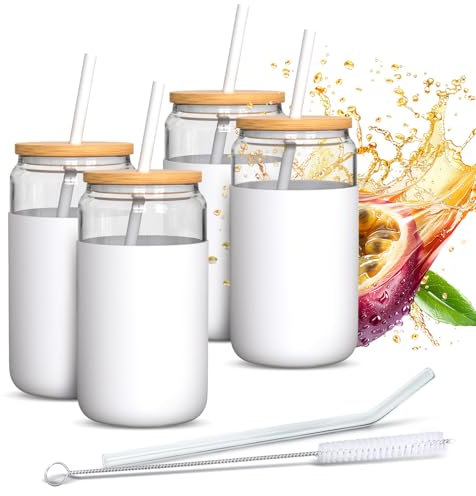 Aquafloow Verre à Boire 4 Pièces 500 ml avec Housse en Silicone et Couvercle en Bambou – 2 Pailles incluses (Silicone & Verre), Résistant aux Températures de -20°C à 150°C