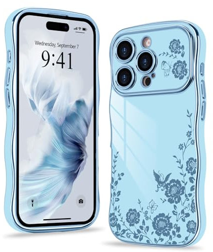 Wirvyuer for iPhone 16 Pro Max, Cute Floral Flower Phone Case Curly Wave Frame Shape with Luxury Gold Plated Bumper, Shockproof Raised Full Camera Protection Cover for Women Girls, Blue