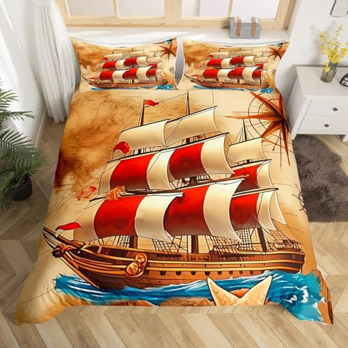 Homewish Sailboat Bedding Sets Navigation Theme Duvet Cover Stripes Comforter Cover Ocean Wave Print Bedspread Cover Sea Animal Starfish Beddings Super King