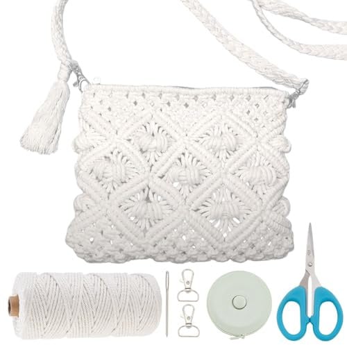 WEBEEDY DIY Macrame Bag Making Kit fro Adults Beginners White Boho Crossbody Bag Set with 109 Yards 3mm Macrame Cord, Video Tutorials, Handmade Purse Making Kit for Holiday Birthday Gift Beach Decor