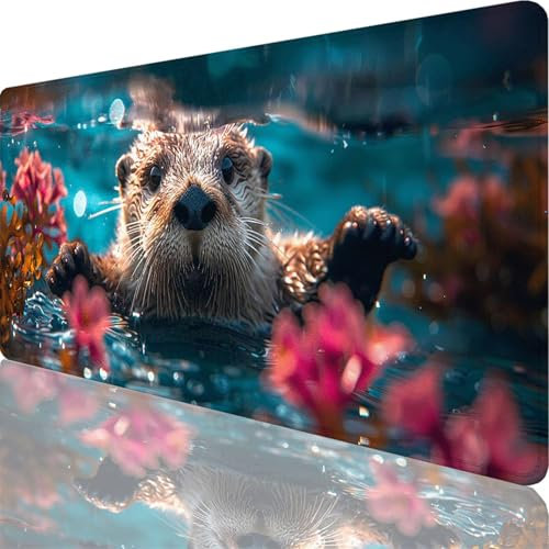 Blau Mauspad XXL 900x300x3 mm, Groß Gaming Mauspad Otter mit Vernähte Kanten, WassXerdicht Anti-Rutsch XXL Mousepad für PC Laptop Verbessert Präzision und Geschwindigkeit für Home Office Deko 76-Pt