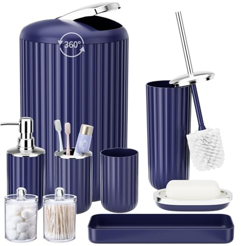 XLHOMO 9PCS Nave Blue Bathroom Accessories Set Complete with Trash Can, Vanity Tray, Soap Dispenser, Soap Dish, Toothbrush Holder, Toothbrush Cup, Toilet Brush and Qtip Holders