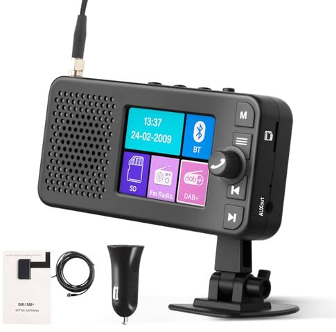 Inefala Antenne Dab Adaptateur avec écran LCD de 2,4 Pouces, Radio Numérique Portable Dab+ Transmetteur FM Bluetooth Musique Récepteur+Carte TF 32G+Appel Mains Libres