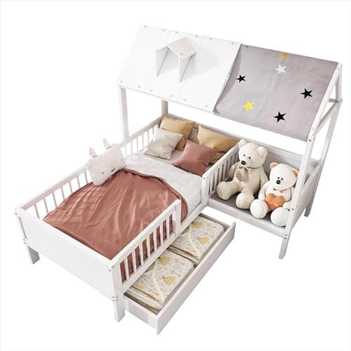 Goldicoo Montessori Hausbett 90X200, L-Form, Kinderbett aus Holz mit Rausfallschutz, Lattenrost und SitzfläChe