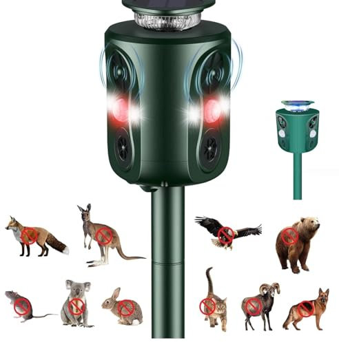 Repelente de gato exterior, 360 grados, repelente de gato ultrasónico para jardín, 5 modos ajustables, repelente solar para gatos al aire libre, 10 m, repelente de gatos, exterior, para ratas, perros