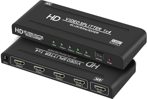 4K @ 60Hz 1x4 HDMI-Splitter 4:4:4,18 Gbit/s, 4 Port Powered HDMI 2.0 Splitter1 in 4 Out Support Auto Down Scaler, 4K 1080P Sync, HDR10,3D, nur Duplikation/Spiegelbildschirme (nicht erweitern) für HDTV