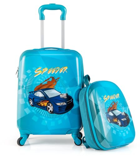 COSTWAY Valise Enfants à roulettes 17'' et Sac à Dos 13'', Ensemble de Bagages Enfant avec Poignée Rétractable 2 Niveaux, Bagage à Main avec Motif Mignon pour Voyage École (Voiture Bleu)