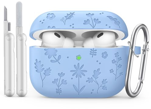 Custodia Silicone MoKo Per AirPods Pro 3,Incisione Fiori Carina,Blu | Con Kit Pulizia E Portachiavi, Compatibile Con Apple AirPods Pro 3 Gen 2025, Cover Silicone Protettiva Antishock