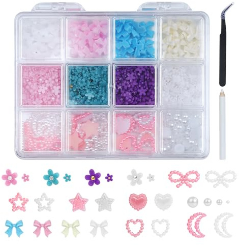 1200 Pcs 3D Nail Charms, Bow Heart Star Moon Flower Nail Art Charms, 3D Nails Art Decorations with Pickup Tool for Women Girls Nail DIY Accessories