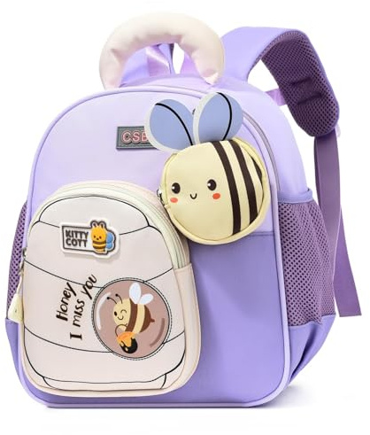 PROTAURI Kindergartenrucksack Mädchen mit Brustgurt, Kinder Rucksack Wasserabweisend und Leicht mit Geldbeutel, Kita Rucksack mit Bienen-Motiv für 2-5 Jahre, 9.7L, Lila