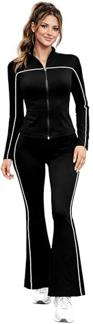 Women's Tracksuit Set - 2-Piece Long Sleeve Zip-Up Top & High-Waist Flared Trouser Activewear Co-Ord Outfit for Gym, Travel, Lounge & Daily Wear UK Sizes S-L, (Black-M-L)