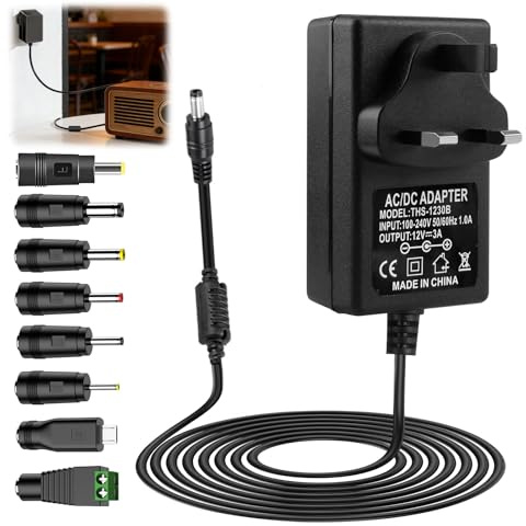12V 3A Power Supply Adapter UK, 36W AC to DC with 8 Replacement Tip, 100-240V 50-60Hz 5.5x2.1mm Multi Plug Head Charger Cord for Household Electronics LED Router Laptop CD Player MP3/MP4