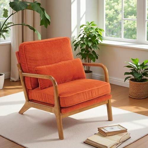 Bonnlo Sessel Gepolsterter Cocktailsessel, Moderner loungesessel, Ohrensessel für Wohnzimmer, Polsterstuhl mit Massivholz, Lesesessel, bis 200 kg belastbar, Cord-Stoff (Orange)