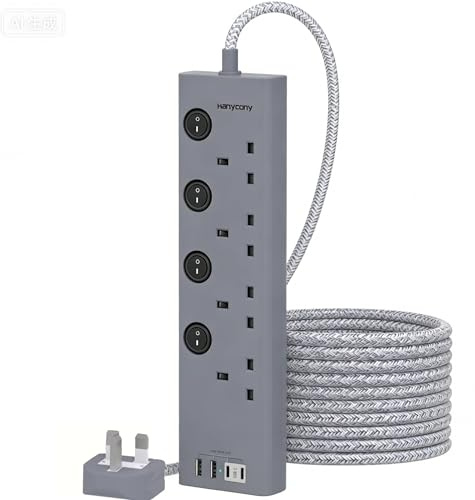 3M Gray Extension Lead, 4 Way Power Strip with 4 USB Slots (2 USB C) | Individually Switched Extension Socket, 10ft Braided Cable, Wall Mount Desk Plug for Modern Office, Gaming & Living Room