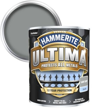 Hammerite Ultima Multi-Surface Exterior Metal Paint, Water-Based Rust Resistant Topcoat, Quick Dry, No Primer Needed, Gloss Finish, 750ml, (Light Grey)