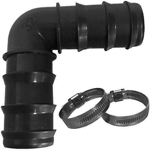 BEVO Winkel 90° Schlauchverbinder Pool Garten Schlauchtülle für Schlauch Ø 32mm (Winkel Ø32mm + 2 Schlauchschellen)